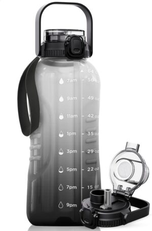 AQUAFIT 64 oz Water Bottle with Handle, 2in1 Lid | BPA Free Half Gallon Water Bottle with 2in1 Straw and Chug Lid - Leakproof Gym Water Bottle with Time Marker (Midnight Gray)